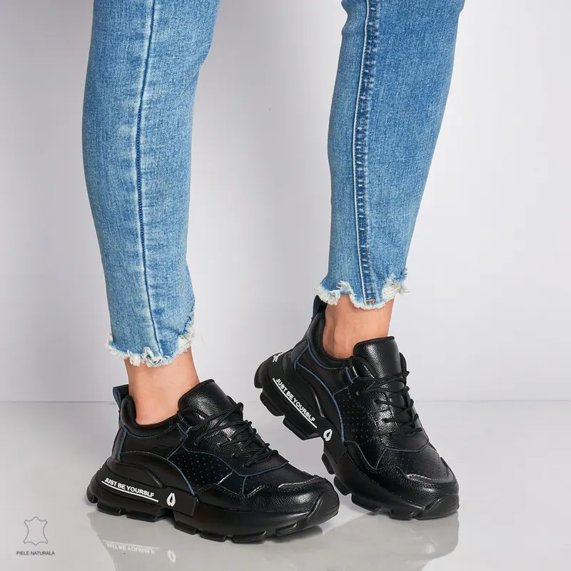 Pantofi Casual dama din Piele naturala cu talpa groasa CRL0046 Negru