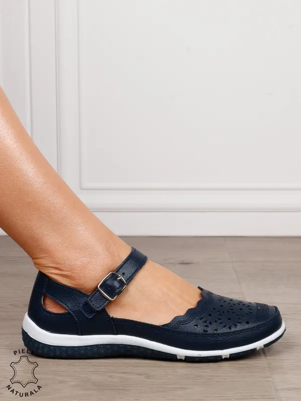 Balerini dama din Piele Naturala cu inchidere velcro si catarama CRL1549 NAVY