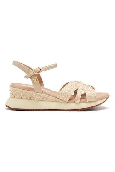 Sandale din piele ecologica impletita cu talpa wedge - Bej deschis