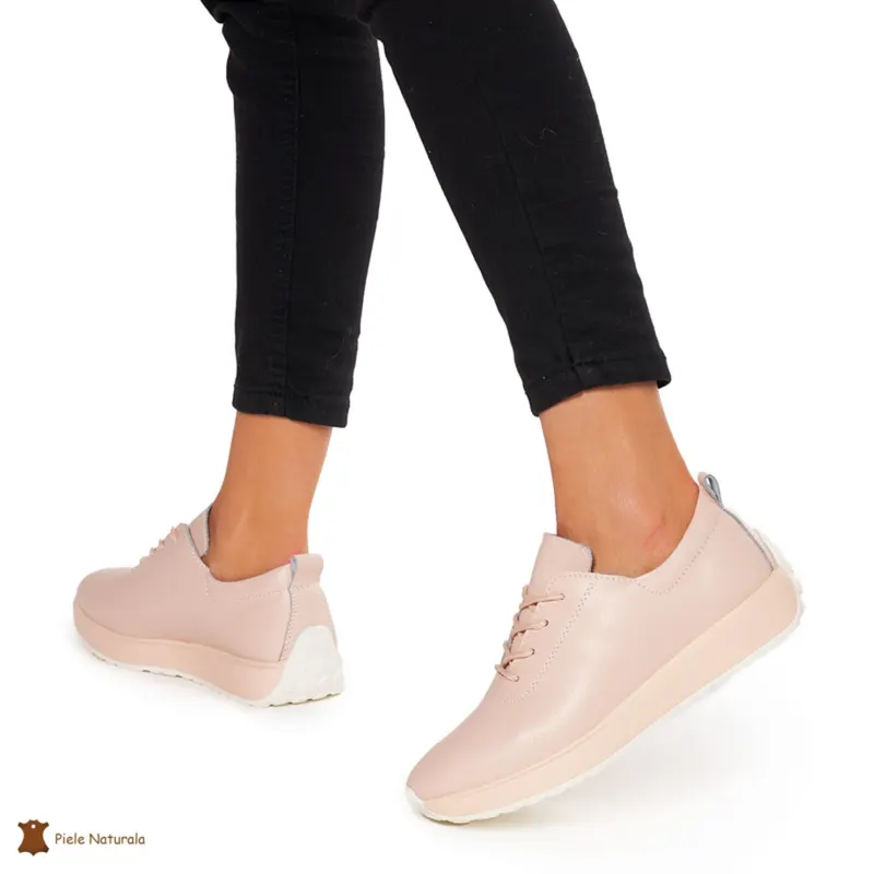 Pantofi casual de dama din piele naturala cu talpa plata CRL0024 ROZ