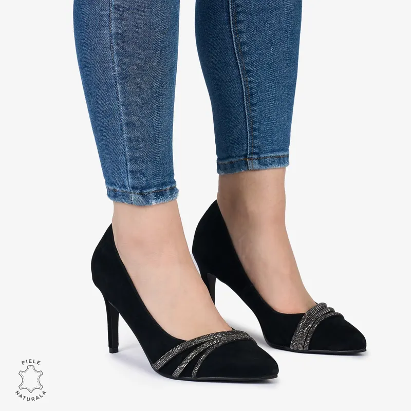 Pantofi Eleganți dama din Piele Naturala INTOARSA cu strasuri si toc subtire CRL0983 NEGRU