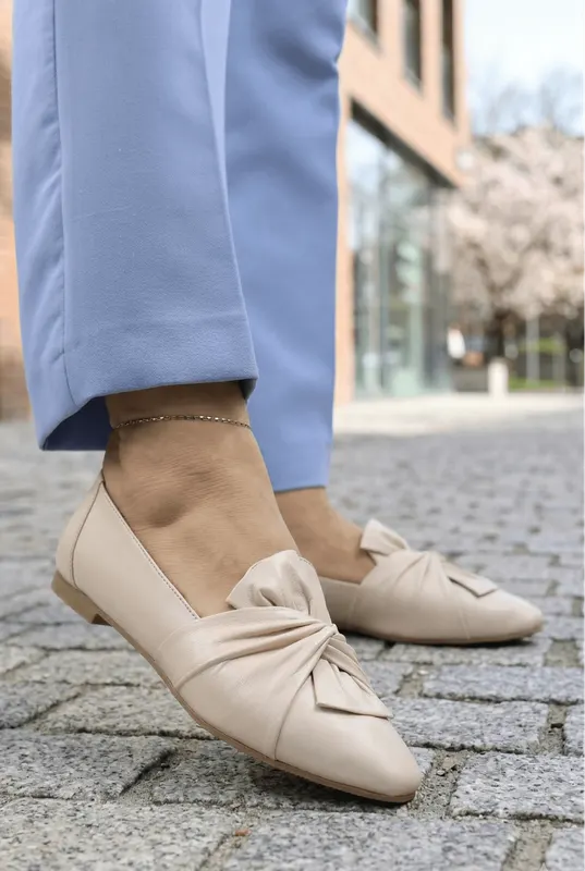 Balerini din Piele Bej cu Fundita - MYW BEIGE