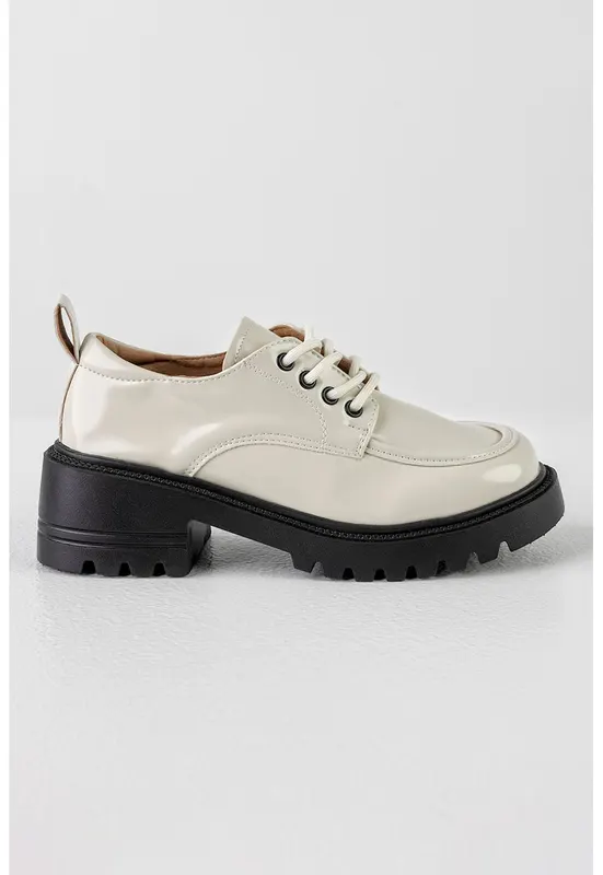 Pantofi de piele ecologica cu toc masiv - Negru/Alb optic