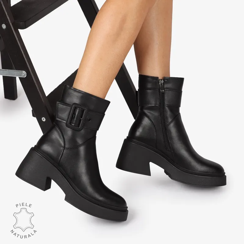 Botine Dama Piele Naturala cu Catarama, Design Modern și Confortabil CRL1242 negru