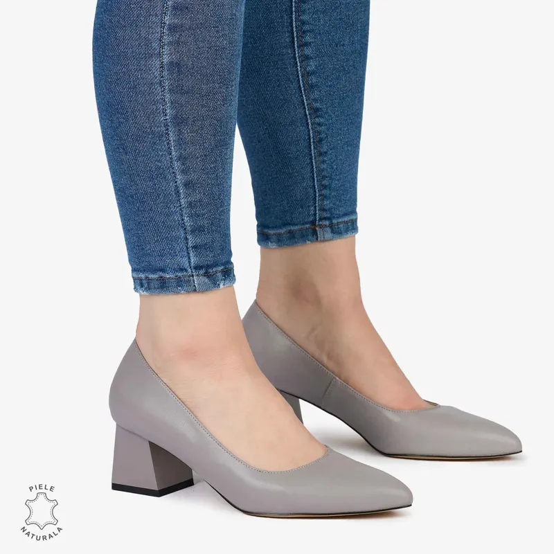 Pantofi Eleganți dama din Piele Naturala CU TOC MIC CRL0981 GRI