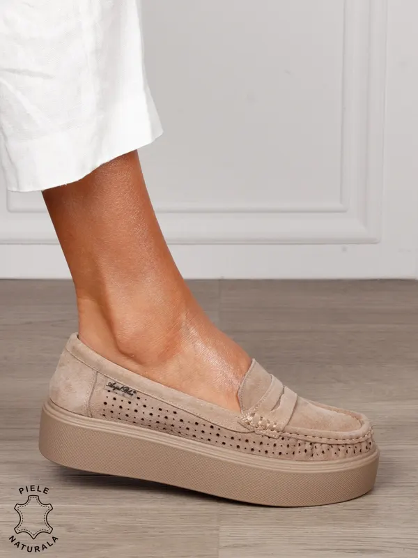MOCASINI damă din piele naturală intoarsa cu talpa inalta CRL1580 KHAKI