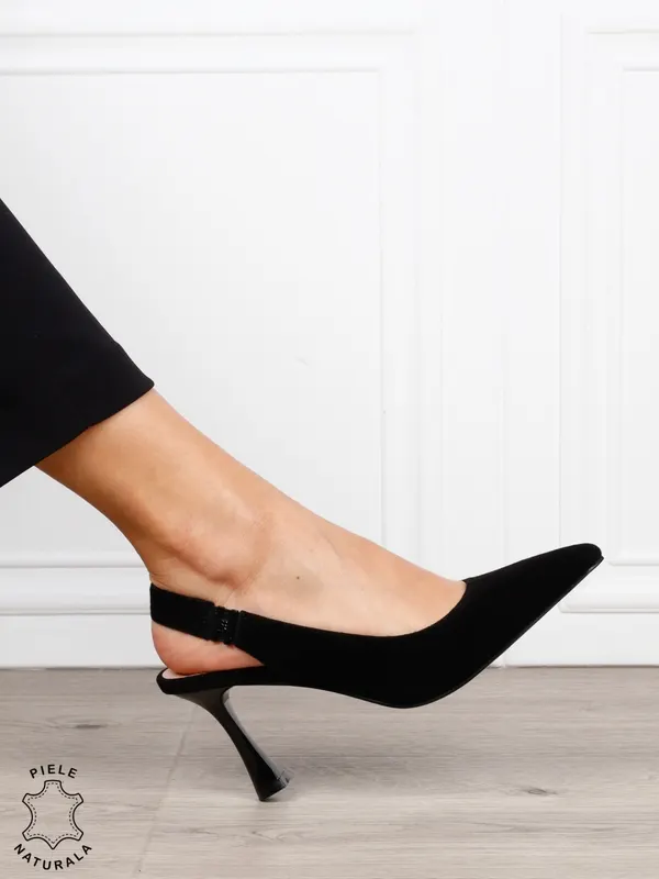Pantofi dama eleganti cu toc subtire si varf ascutit din piele naturala intoarsa CRL1612 NEGRU