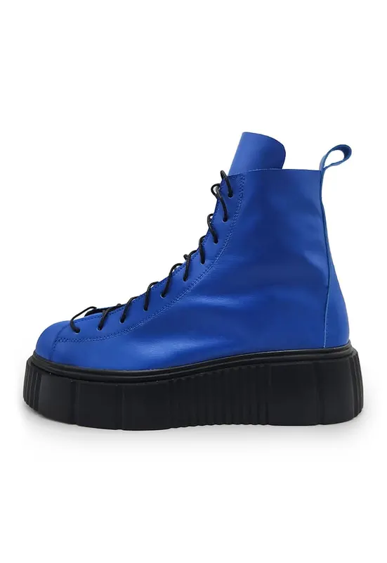 Ghete flatform din piele cu sireturi - Negru/Albastru royal