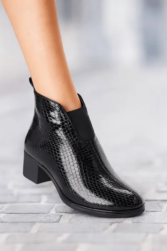 Botine Casual din Piele Croco Negre cu Fermoar - OVE