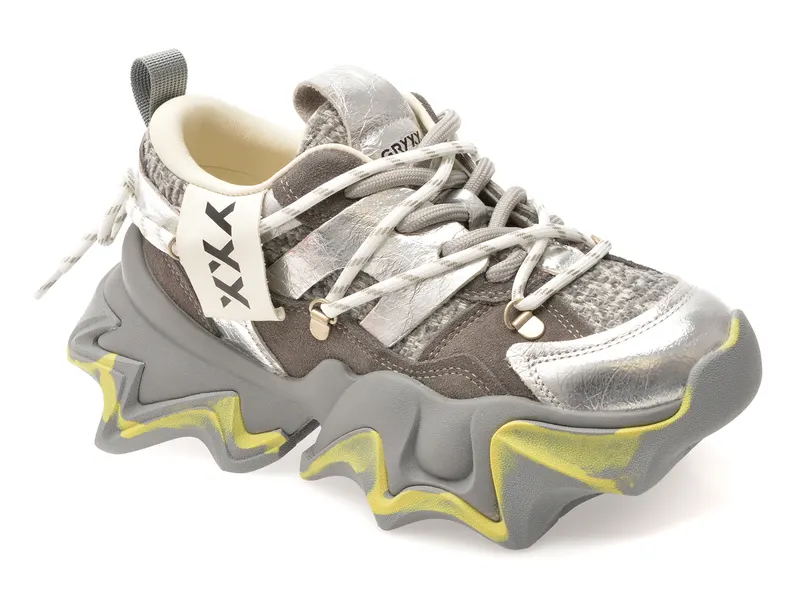 Pantofi sport gri, 1008612, din material textil si piele naturala