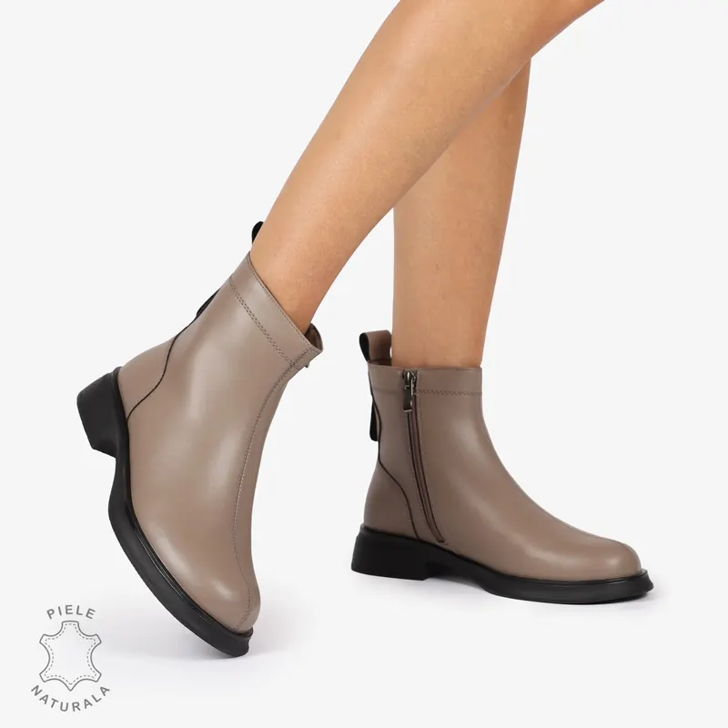 Ghete dama din piele naturală cu fermoar lateral și talpă confortabilă CRL1258 KHAKI