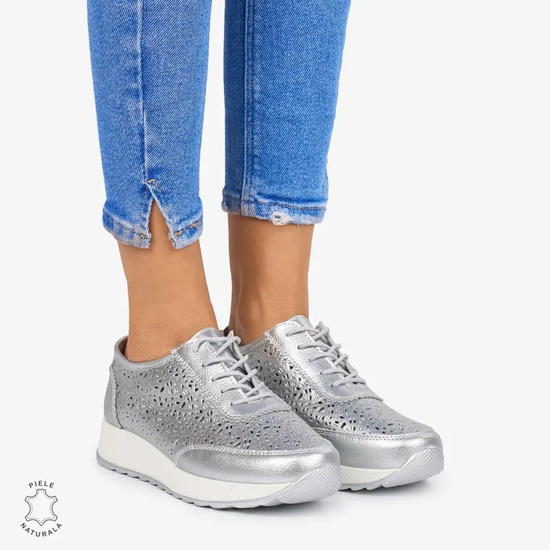 Pantofi casual dama din Piele Naturala Perforati cu model CRL0714 ARGINTIU