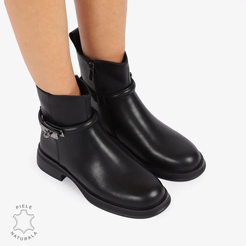Ghete Dama Piele Naturala cu Cataramă Metalică CRL1241 NEGRU