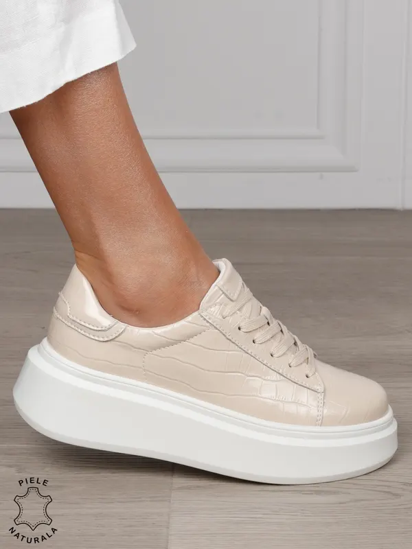 Pantofi Casual dama din Piele Naturala Lacuita CRL1552 BEJ
