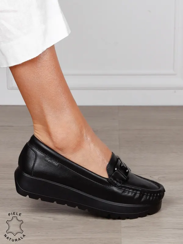 MOCASINI damă din piele naturală cu talpa inalta si catarama CRL1581 Negru