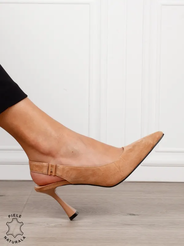 Pantofi dama eleganti cu toc special si varf ascutit din piele naturala intoarsa CRL1612 BEJ