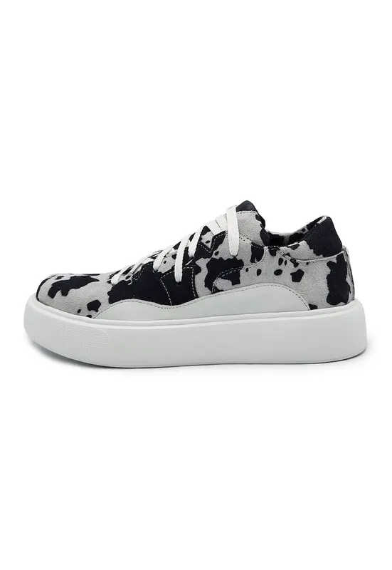 Pantofi sport flatform din piele intoarsa cu animal print - Negru stins/Alb optic