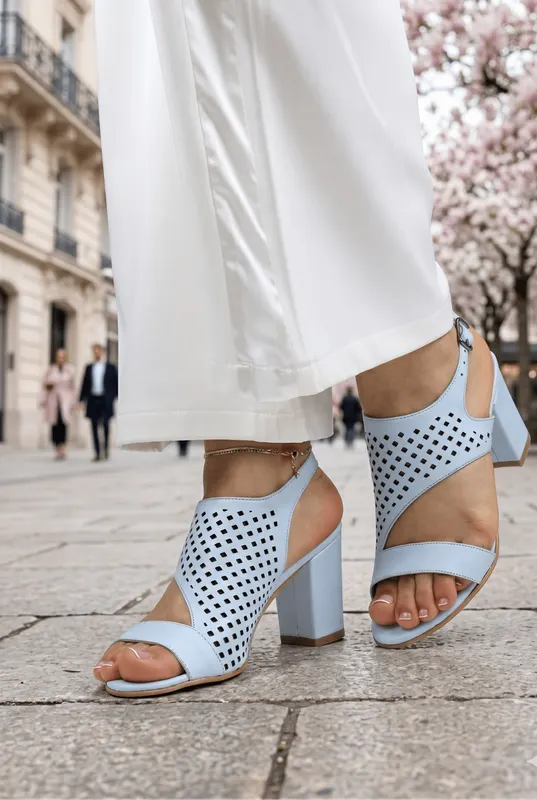 Pantofi Eleganti Decupati cu Toc din Piele Albastra - YZZ BLU