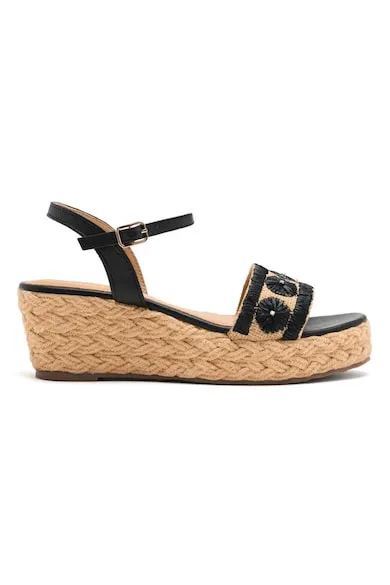 Sandale impletite cu garnituri din piele si talpa wedge - Negru