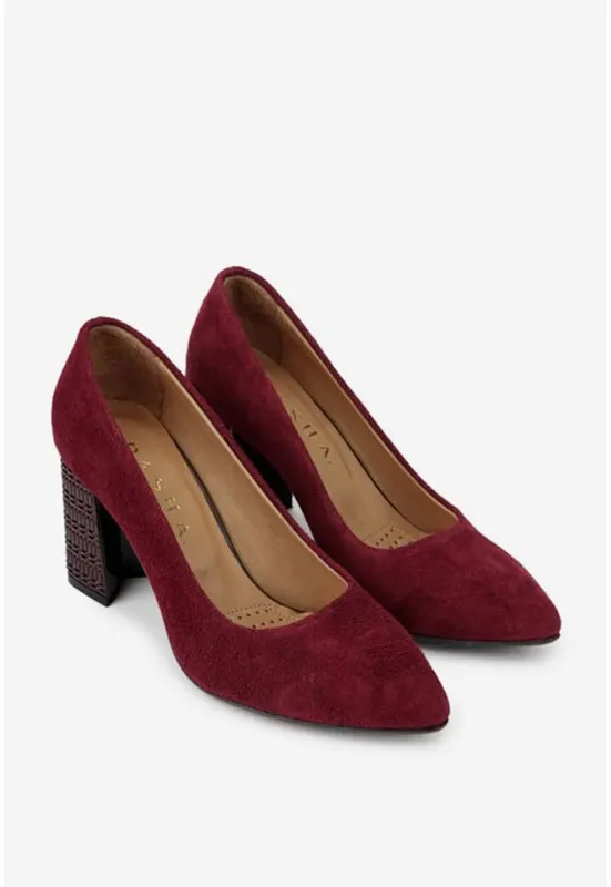 Pantofi dama bordo din piele intoarsa cu toc deosebit
