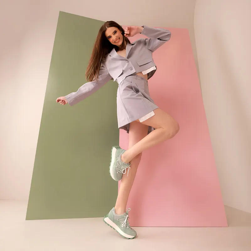 Sneakers femei cu șiret dublu verzi din piele întoarsă și textil 1991DP0480VV — imaginea 2