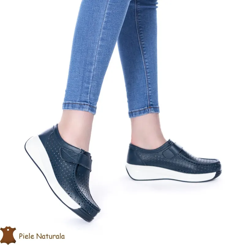 Pantofi Perforati Dama Piele naturală CRL0106 NAVY