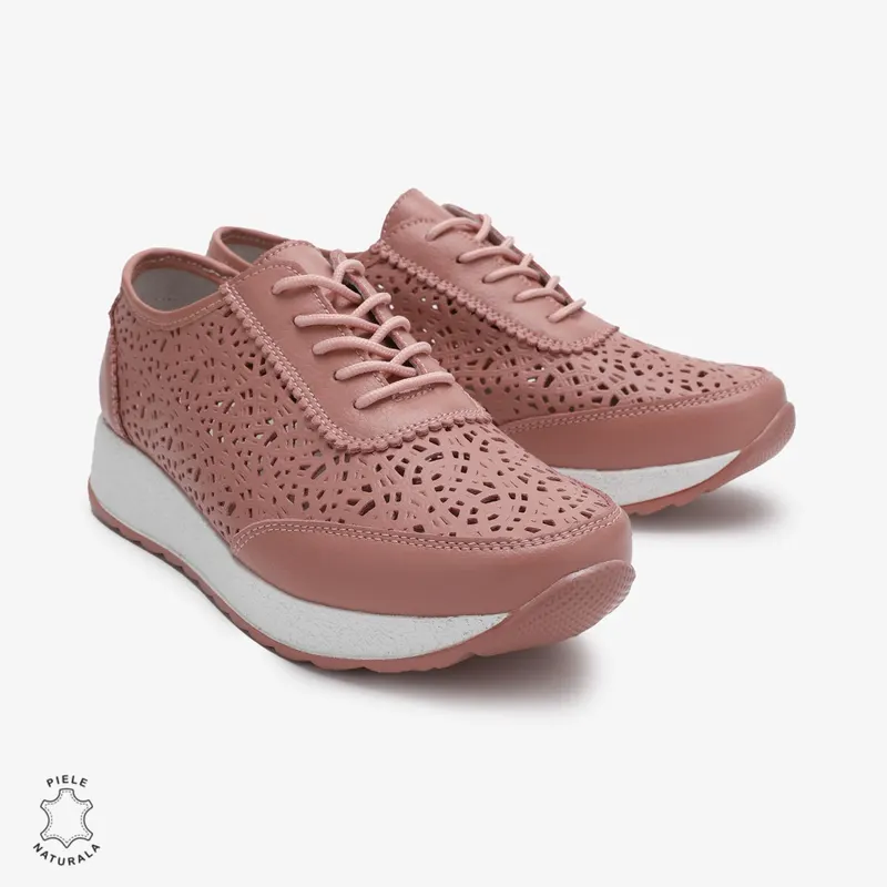 Pantofi casual dama din Piele Naturala Perforati cu model CRL0714 ROZ