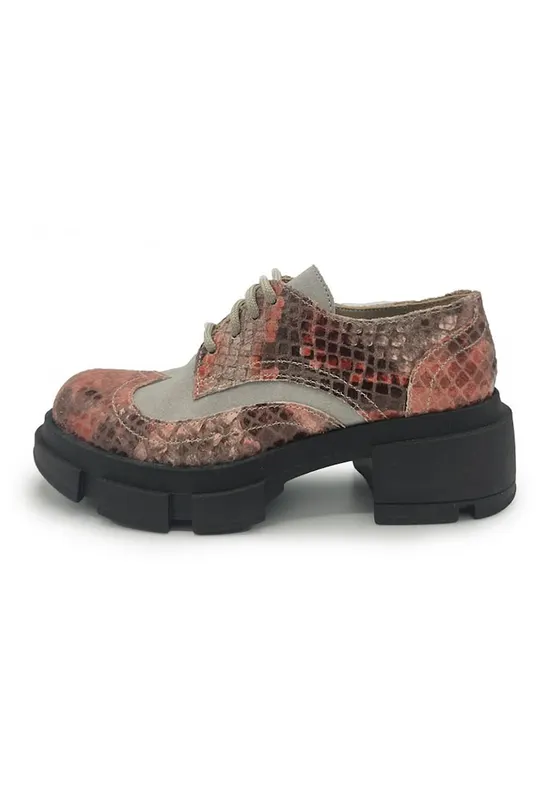 Pantofi din piele si piele intoarsa cu model piele de crocodil - Negru/Gri deschis/Roz prafuit