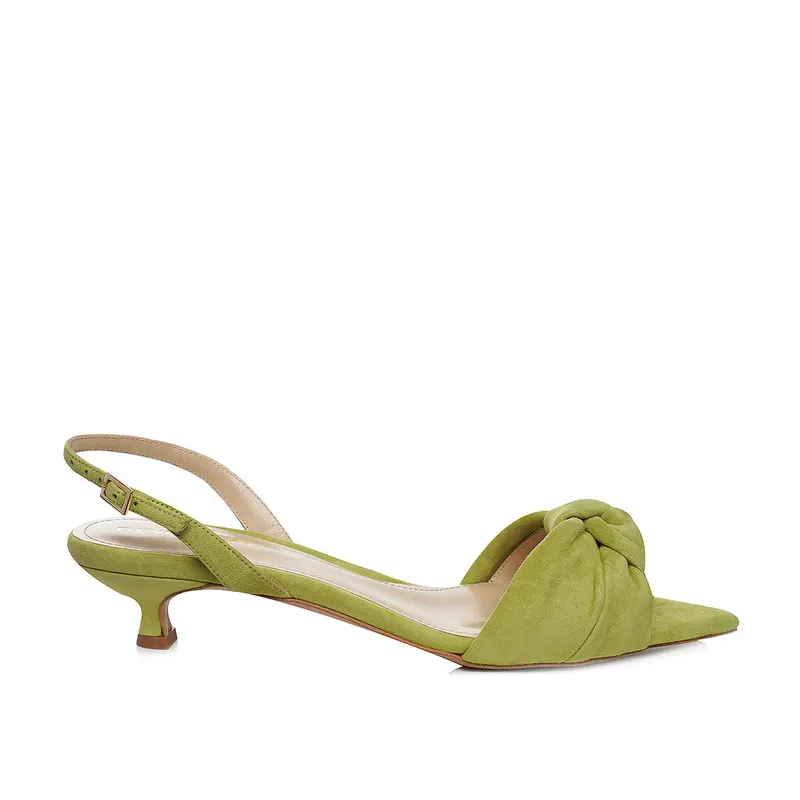 Sandale Sofia Piele Intoarsa, Varf Ascutit, Verde-Fistic - Kitten Heels