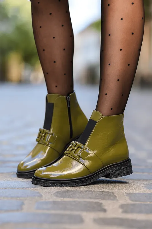 Ghete Casual Dama din Piele Olive cu Accesoriu - EPPO