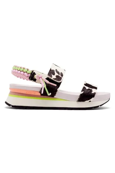 Sandale cu piele cu par scurt si inchidere velcro - Maro inchis/Maro nisip
