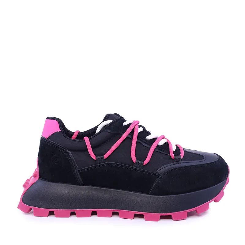 Sneakers femei cu șiret dublu negri din piele întoarsă și textil 1991DP0480VN