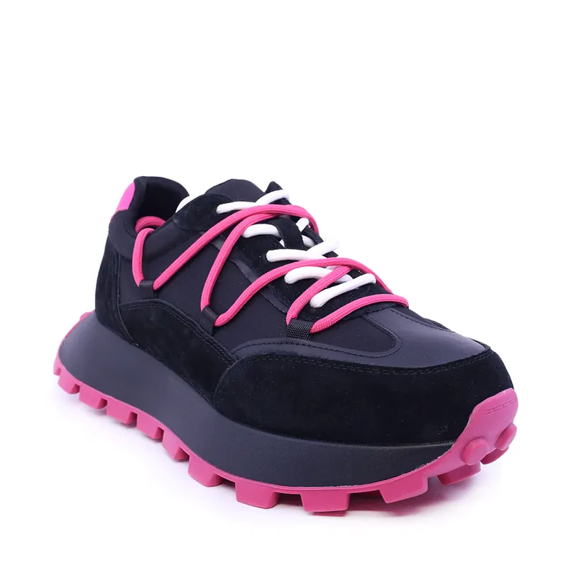 Sneakers femei cu șiret dublu negri din piele întoarsă și textil 1991DP0480VN — imaginea 2