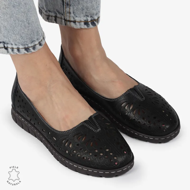 BALERINI dama din Piele naturala PERFORATA SLIP-ON CRL1363 NEGRU