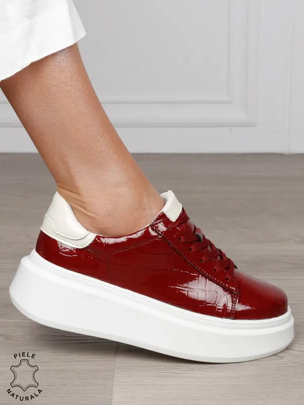 Pantofi Casual dama din Piele Naturala Lacuita CRL1552 BORDO