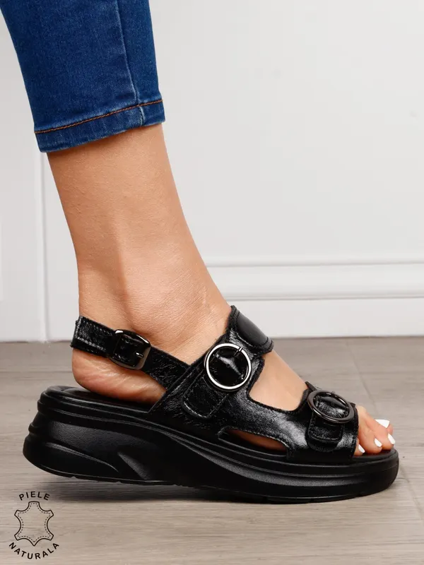 Sandale damă din piele naturală stil modern cu cataramă CRL1643 NEGRU