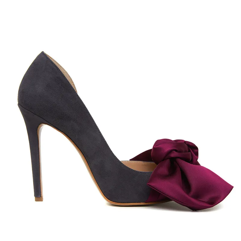 Pantofi Samantha cu Funda, Piele Intoarsa, Gri Inchis/Burgundy