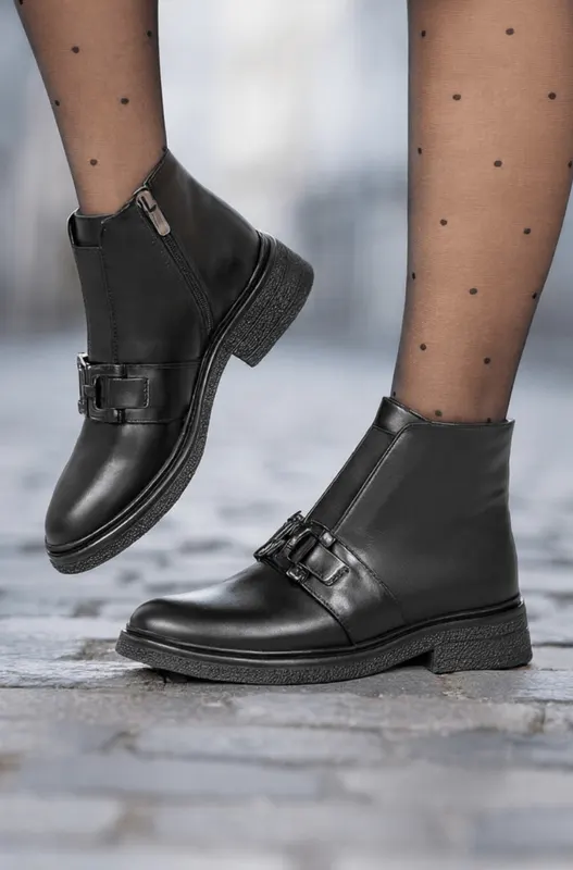 Ghete Casual Dama din Piele Negre cu Accesoriu - EPRO