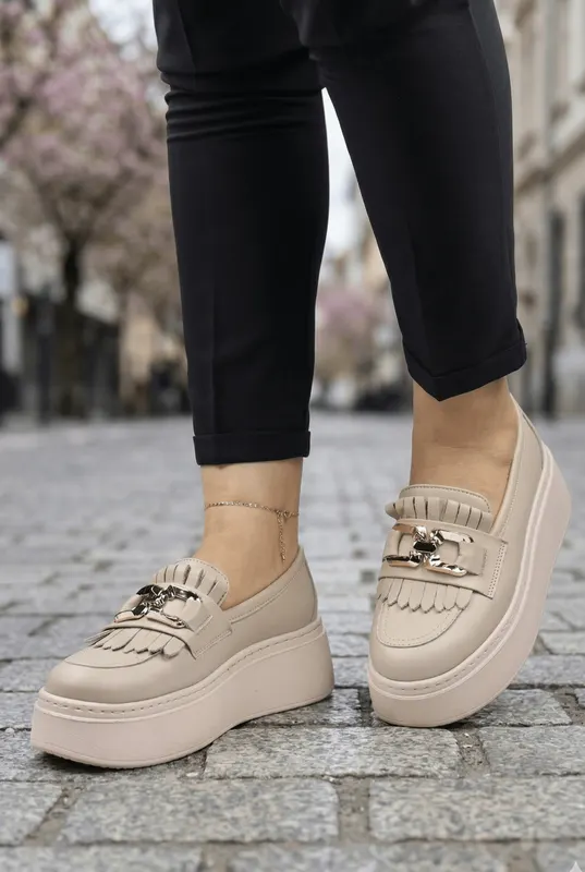 Pantofi tip Mocasin din Piele Bej - ALEA BEIGE