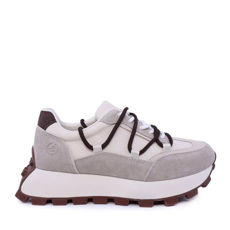 Sneakers femei cu șiret dublu bej din piele întoarsă și textil 1991DP0480VBE