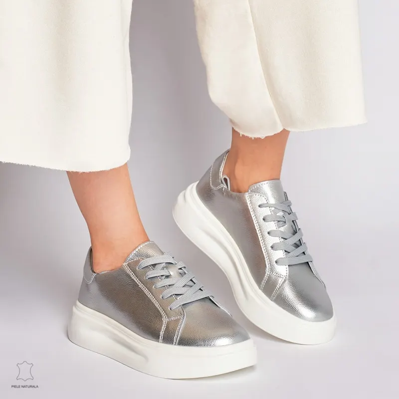 Pantofii casual de dama din piele naturală cu șiret comozi și versatili CRL1447 ARGINTIU