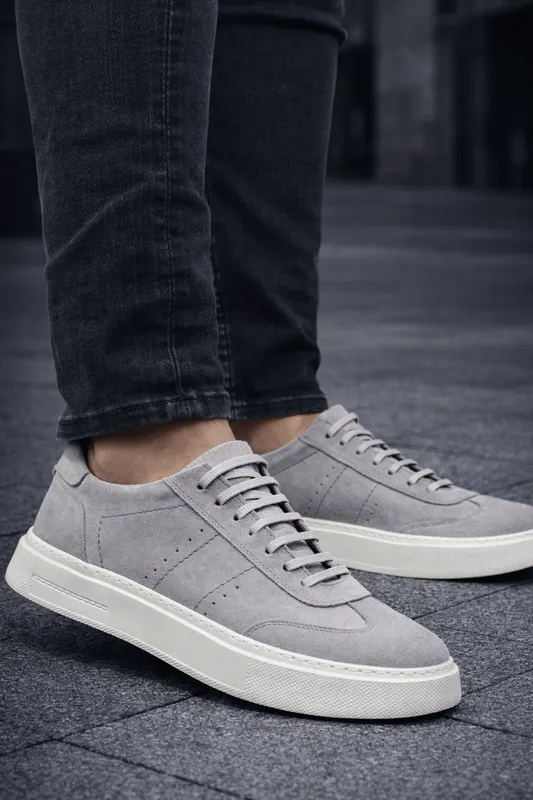 Sneakers din Piele Intoarsa Gri cu Decor - OVY GREY