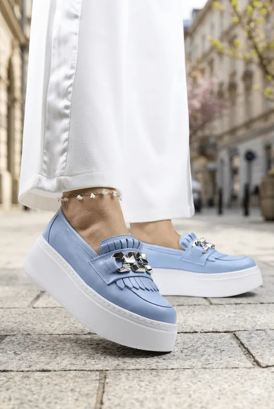 Pantofi tip Mocasin din Piele Albastri cu Accesoriu - ALEA BLU