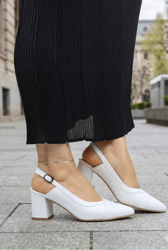 Pantofi Eleganti Decupati cu Toc din Piele Alba - KYZ WHITE