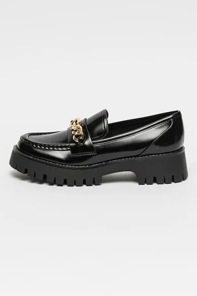 Pantofi loafer de piele ecologica lacuita cu detaliu de lant Almosty - Auriu/Negru