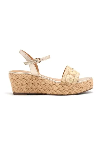 Sandale impletite cu garnituri din piele si talpa wedge - Bej deschis