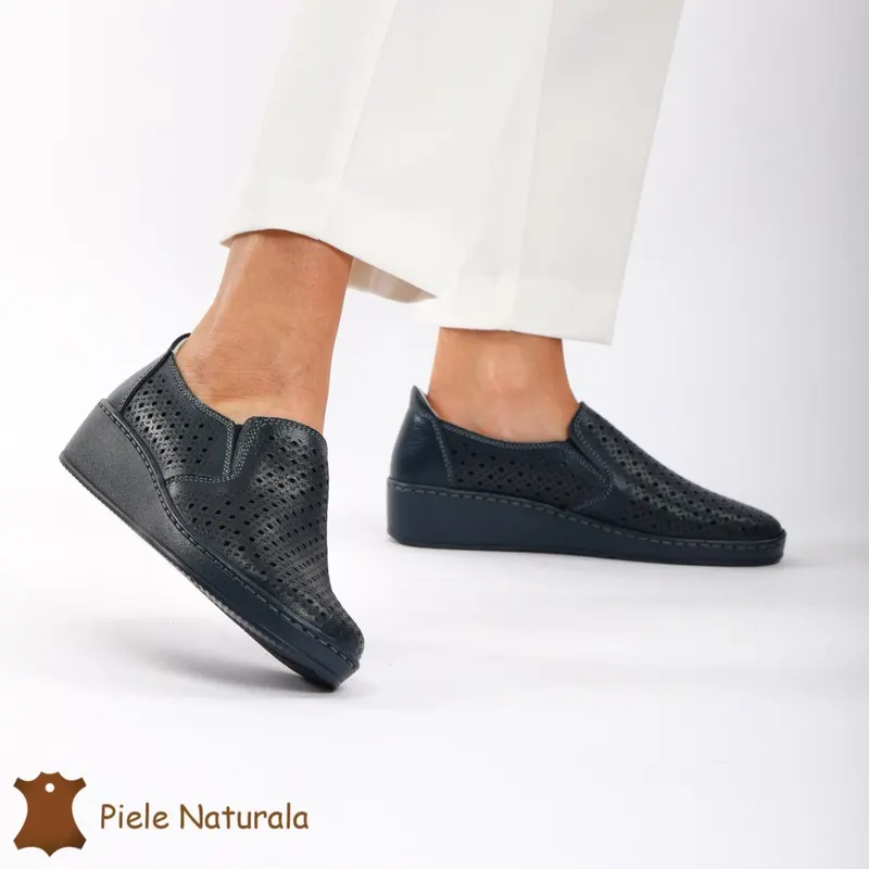 Pantofi Perforati dama din Piele Naturala cu mici perforatii CRL0193 NAVY