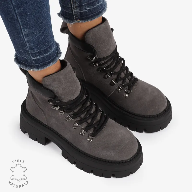 Ghete DAMA din PIELE Naturala Intoarsa Tip Combat Boot CRL1240 GRI
