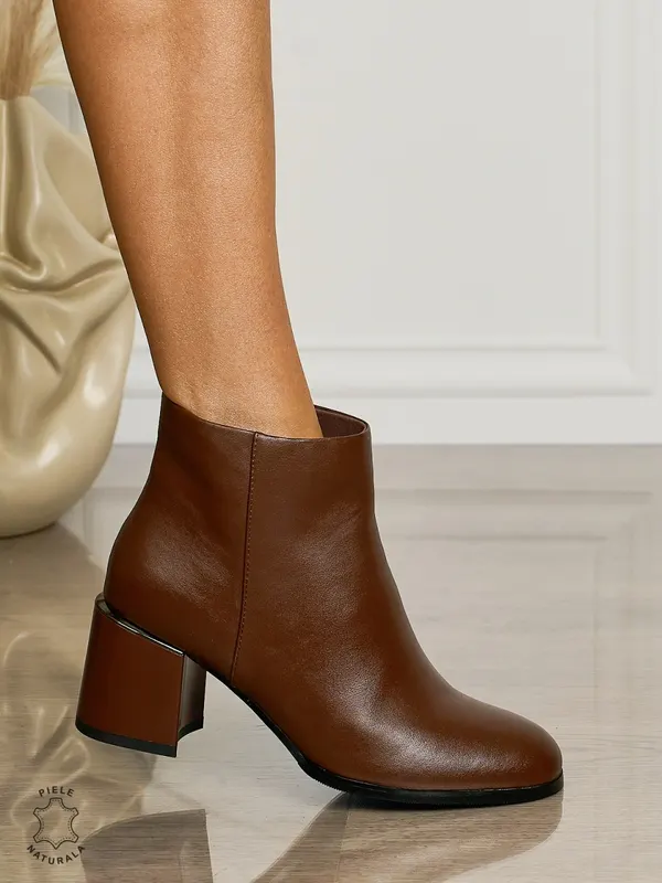 Botine DAMA din PIELE NATURALA CU TOC GROS CRL1507 Cafeniu