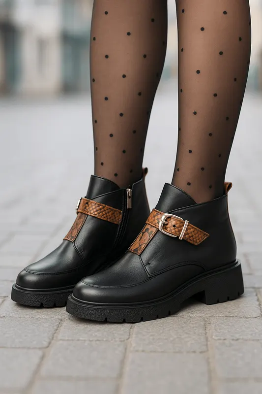 Ghete Casual Dama din Piele Negre cu Imprimeu - DINA